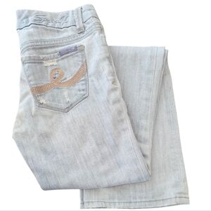 Seven7 Jeans Boot Cut Low Rise Distressed Denim Light Blue Wash Womens Size 25